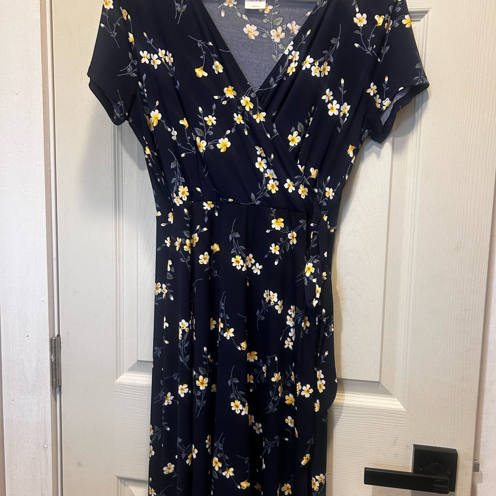 Kaileigh Navy and Yellow Floral Midi Dress